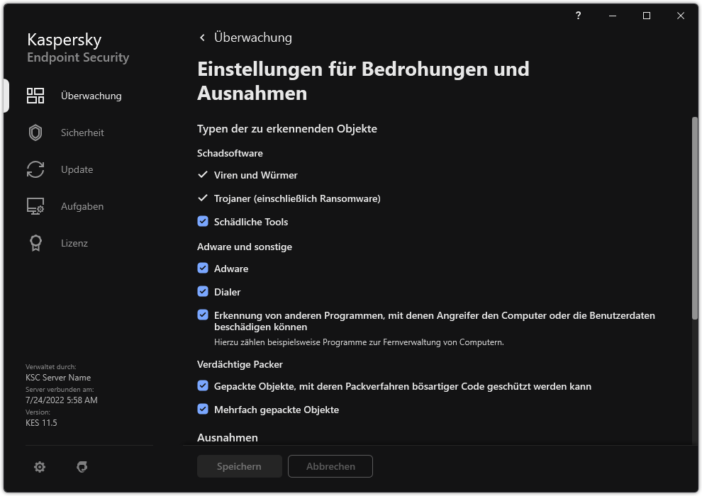 Fenster mit Einstellungen für Ausnahmen. Der Benutzer kann die Typen der zu erkennenden Objekte auswählen und Objekte zu den Ausnahmen hinzufügen.