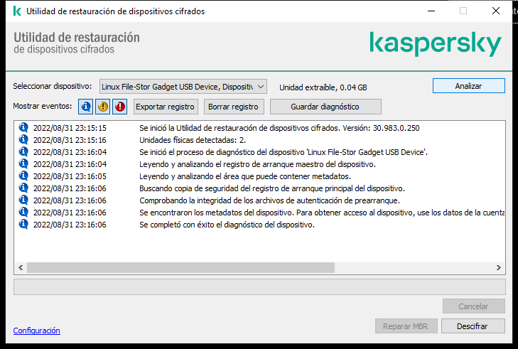 Una ventana con la lista de eventos de utilidad. El usuario puede ejecutar diagnósticos y descifrar el dispositivo seleccionado.