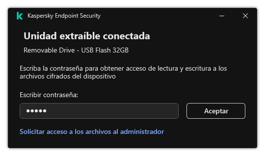 La ventana contiene un campo de entrada de contraseña. El usuario puede crear una solicitud de acceso de archivo.