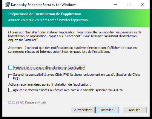 La fenêtre des paramètres d'installation : protection de l'installation, compatibilité avec Citrix PVS, variables du système pour avp.com.