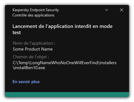 Notification indiquant que le lancement de l'application est interdit en mode test. L'utilisateur peut consulter des informations détaillées à propos de la règle.
