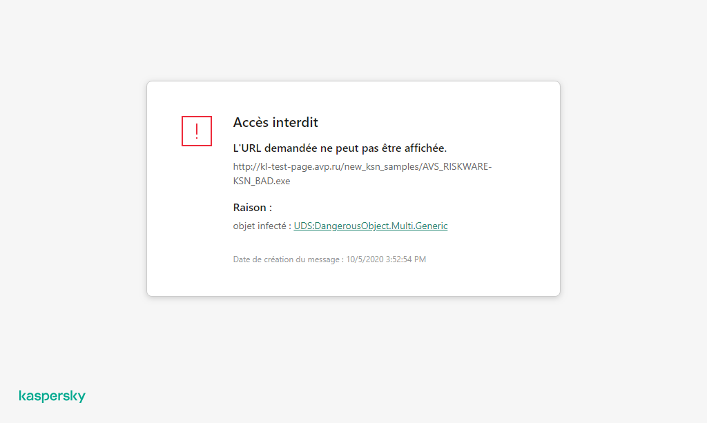 Notification de Kaspersky concernant la prévention du chargement d'un objet malveillant dans la fenêtre du navigateur.