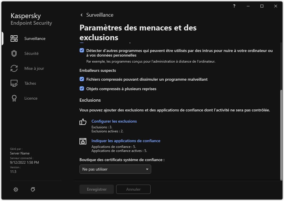 Fenêtre des paramètres d'exclusion. L'utilisateur peut ajouter des exclusions et des applications de confiance.