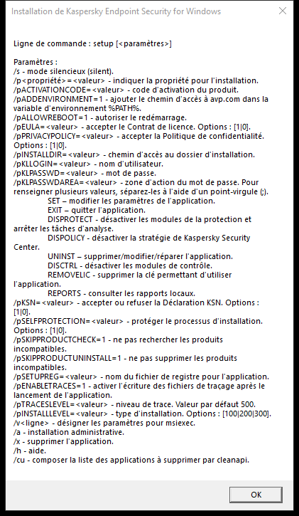 La fenêtre d'infobulle décrivant les options de commande pour installer l'application via CMD.