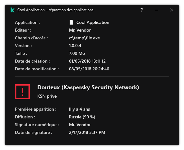 La fenêtre contient des informations sur la réputation du fichier et d'autres données, comme la présence d'une signature numérique.