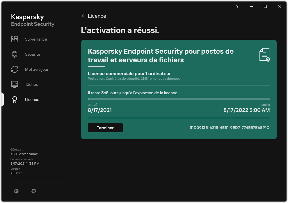 La fenêtre contient des informations sur la licence : date d'expiration, fonctions disponibles et autres informations.