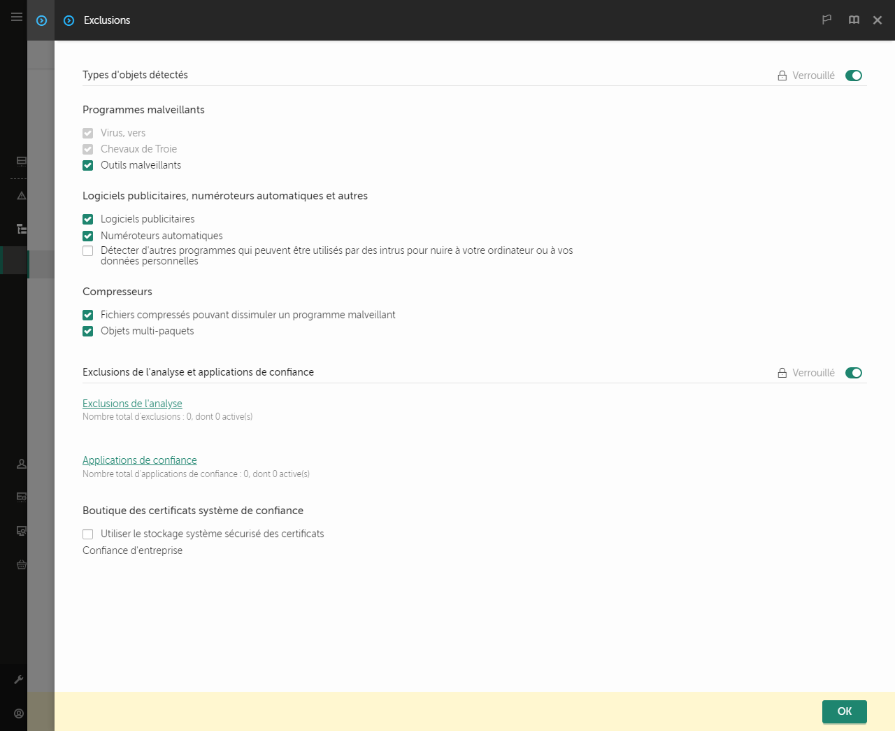 Fenêtre des paramètres d'exclusion. L'utilisateur peut ajouter des exclusions et des applications de confiance.