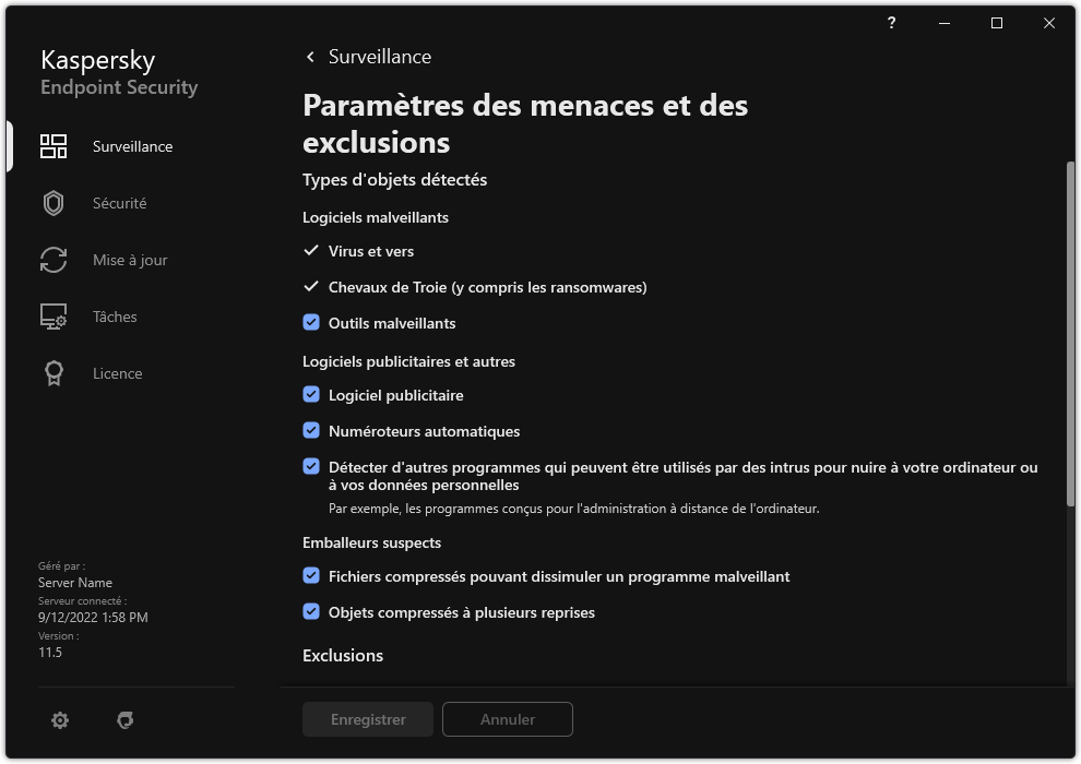 Fenêtre des paramètres d'exclusion. L'utilisateur peut sélectionner les types d'objets détectés et ajouter des objets aux exclusions.