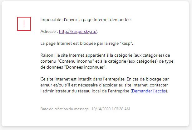 Notification de Kaspersky sur l'interdiction d'accès à la page Internet dans la fenêtre du navigateur. L'utilisateur peut créer une demande d'accès à la ressource Internet.