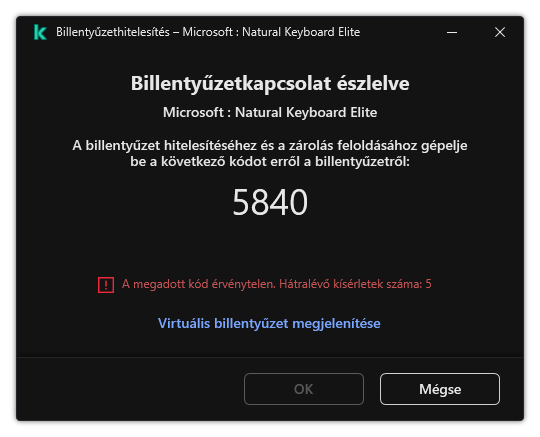 Az ablak a billentyűzet hitelesítési kódjával. A felhasználó aktiválhatja a képernyőn megjelenő billentyűzetet, és beírhatja a kódot.