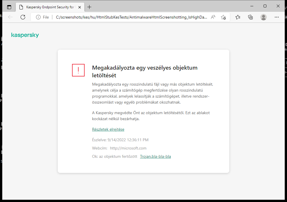 Kaspersky-értesítés a rosszindulatú objektumok böngészőablakban történő betöltésének megakadályozásáról.