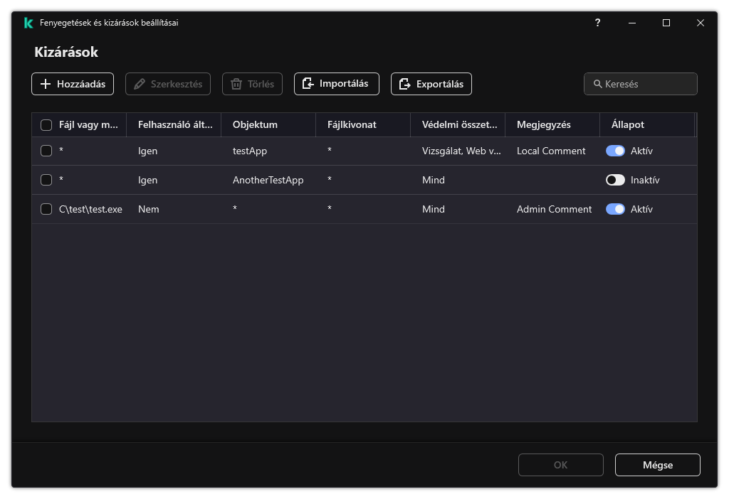 Egy ablak a kizárások listájával. Megjelennek a kizárási tulajdonságok. A felhasználó hozzáadhat, szerkeszthet vagy törölhet kizárásokat.