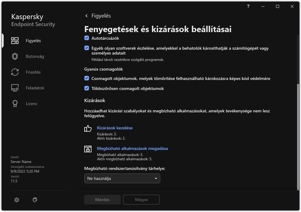 Kizárási beállítások ablak. A felhasználó kizárásokat és megbízható alkalmazásokat adhat hozzá.