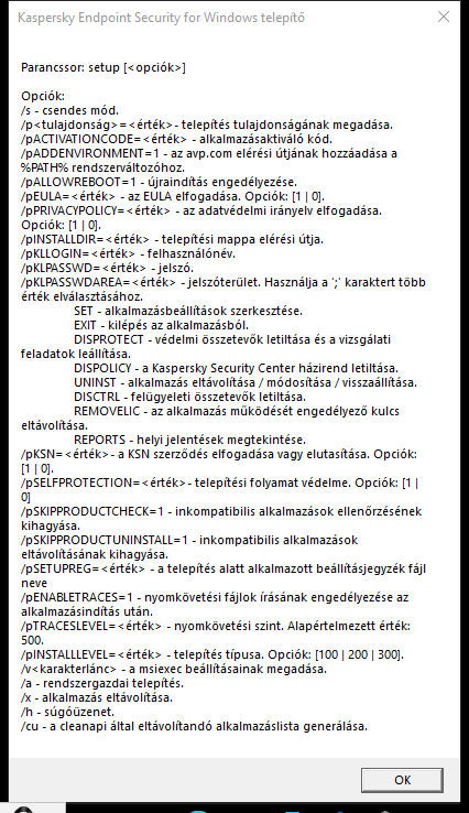 Elemleírás ablak, amely ismerteti az alkalmazás parancssoron keresztüli telepítésének beállításait.