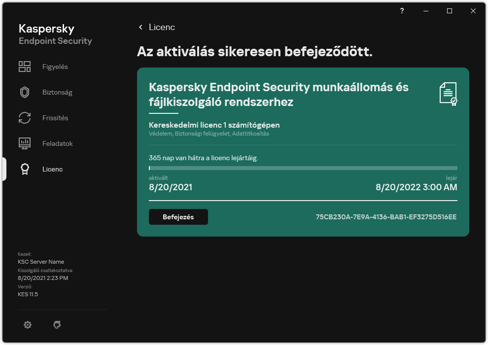 Az ablak a licencre vonatkozó információkat tartalmazza: lejárat dátuma, elérhető funkciók és egyéb információk.
