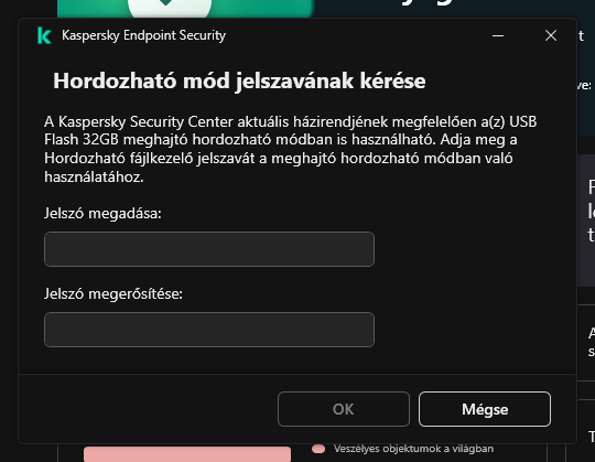 Az ablak mezőket tartalmaz a jelszó megadásához és megerősítéséhez.