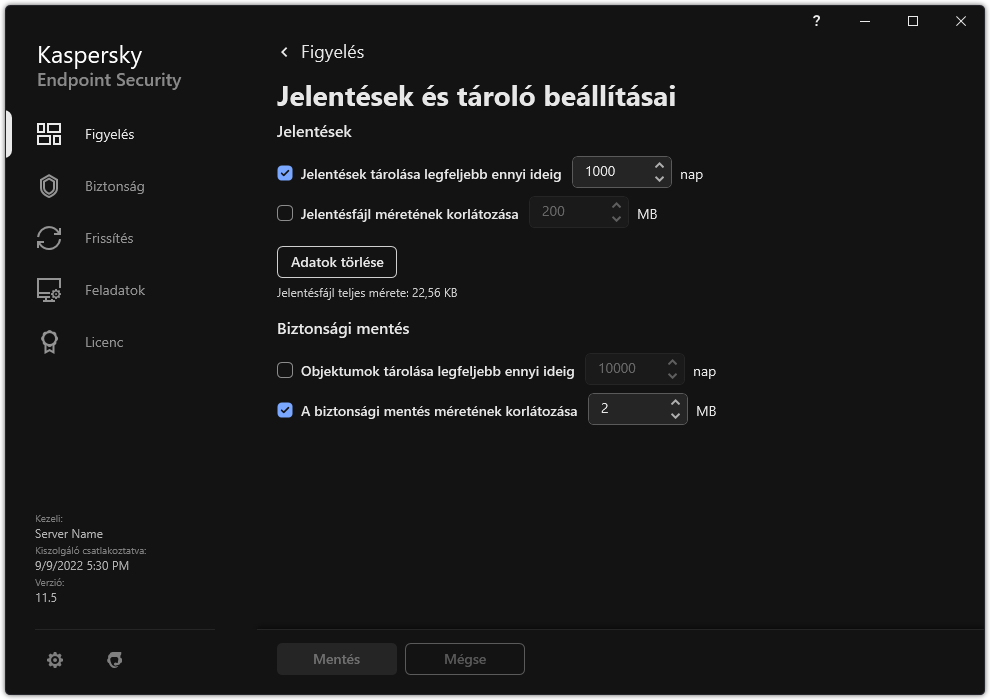 Jelentések és tároló beállításai ablak. A felhasználó beállíthatja a tárolóban lévő jelentések és objektumok méretét, és korlátozhatja a tárolási időt.