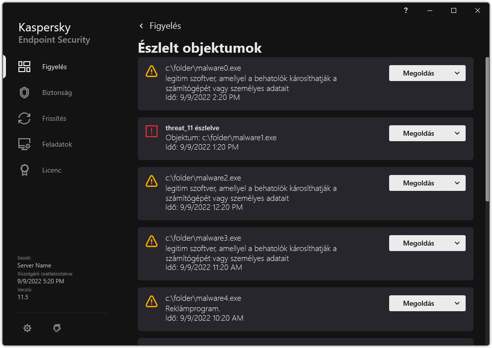 Egy ablak az észlelt objektumok listájával. Megjelenik az objektumra vonatkozó információ. A felhasználó feloldhatja vagy eltávolíthatja az objektumot.
