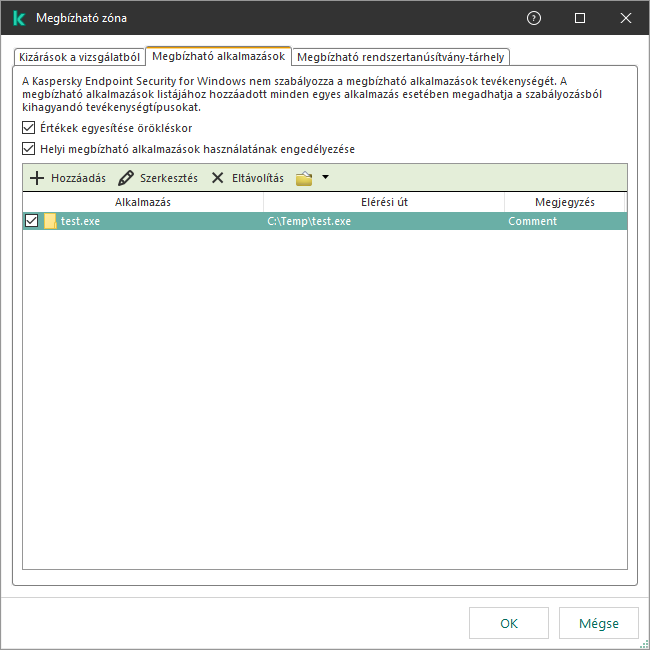 Egy ablak a megbízható alkalmazások listájával. A felhasználó hozzáadhat, szerkeszthet vagy eltávolíthat megbízható alkalmazásokat.