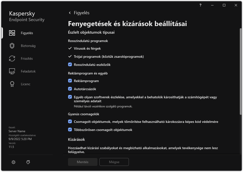 Kizárási beállítások ablak. A felhasználó kiválaszthatja az észlelt objektumok típusait, és objektumokat adhat hozzá a kizárásokhoz.