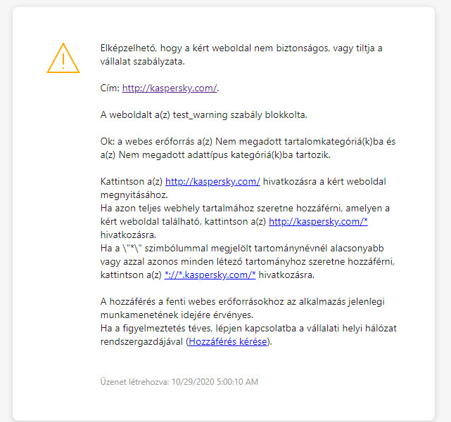 A Kaspersky értesítése egy esetlegesen nem biztonságos weboldal meglátogatásáról a böngészőablakban. A felhasználó kérést hozhat létre a webes erőforrás eléréséhez.