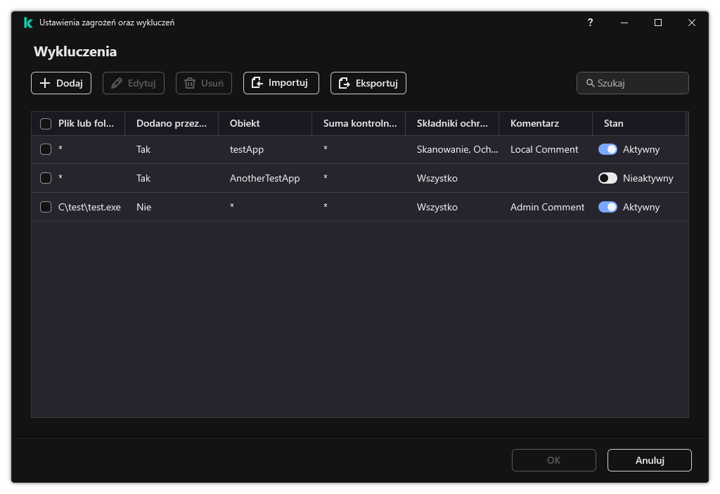 Okno z listą wykluczeń. Wyświetlane są właściwości wykluczenia. Użytkownik może dodawać, edytować lub usuwać wykluczenia.