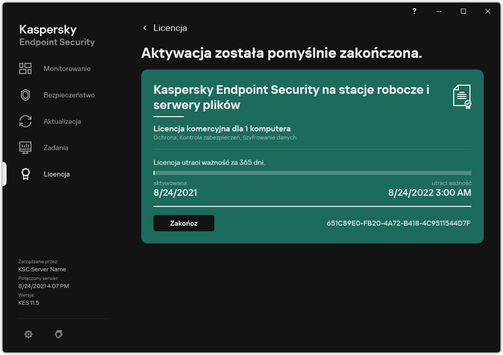 Okno zawiera informacje o licencji: datę wygaśnięcia, dostępne funkcje i inne informacje.