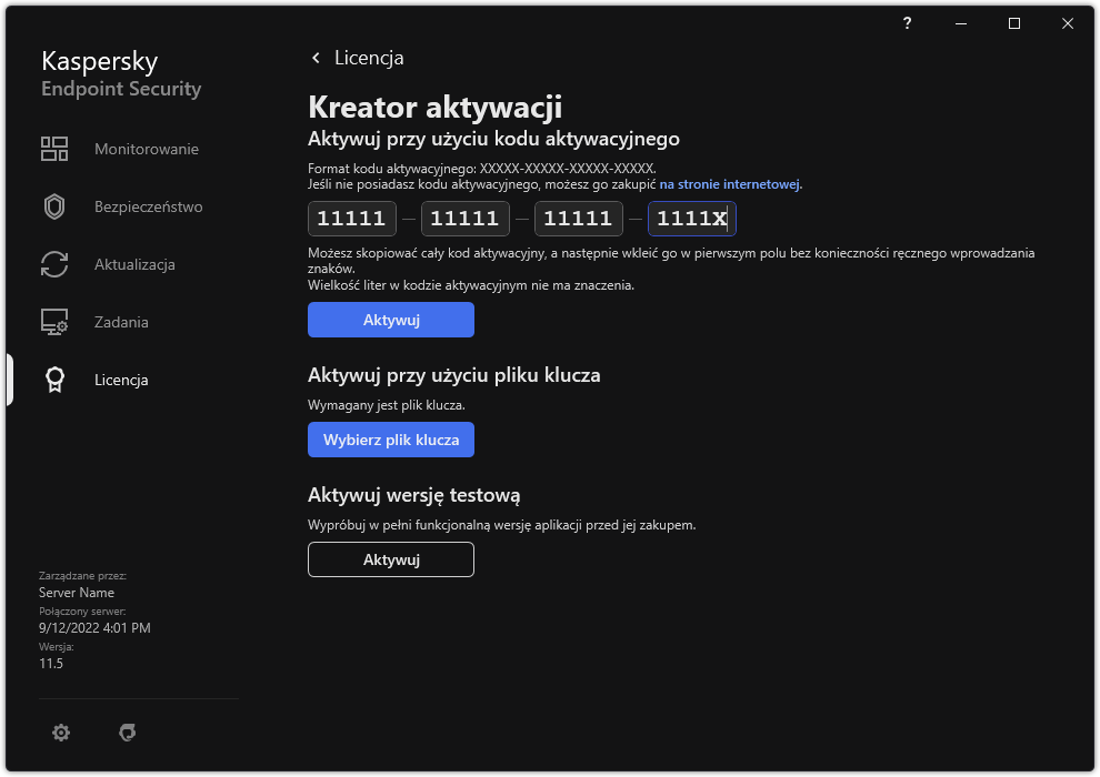Okno z narzędziami aktywacji aplikacji. Użytkownik może wprowadzić kod aktywacyjny lub wybrać plik klucza.