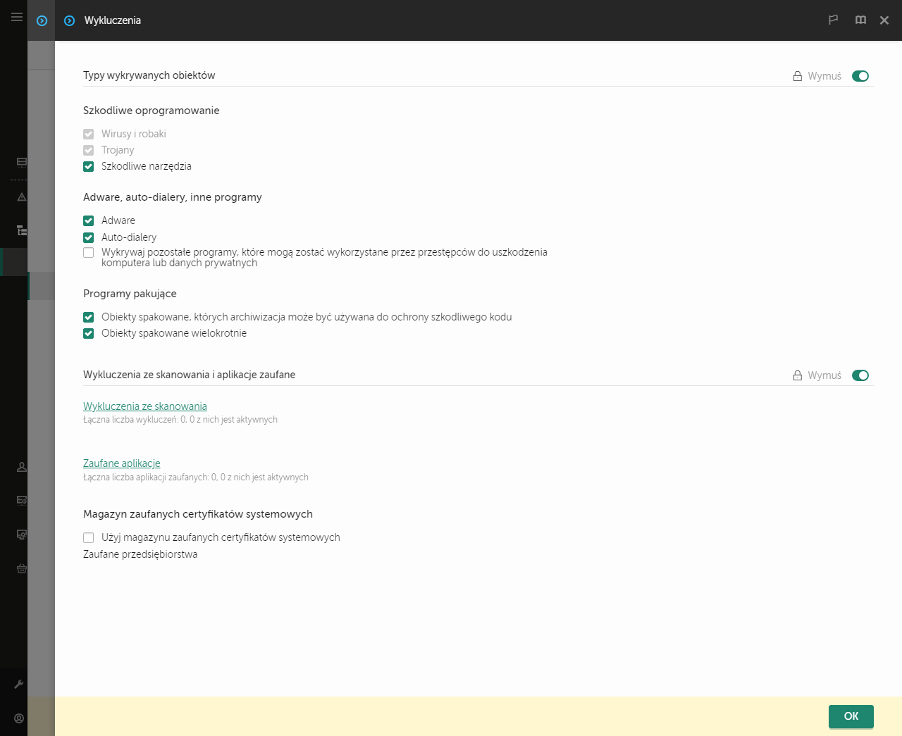 Okno ustawień wykluczeń. Użytkownik może dodawać wykluczenia i zaufane aplikacje.