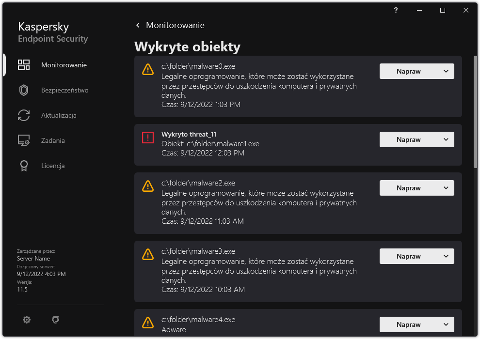 Okno z listą wykrytych obiektów. Wyświetlane są informacje o obiekcie. Użytkownik może rozwiązać lub usunąć obiekt.