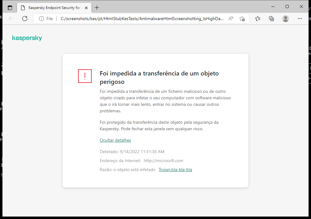 Notificação da Kaspersky sobre como impedir que objetos maliciosos sejam carregados na janela do navegador.