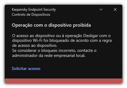 Notificação sobre uma ligação Wi-Fi bloqueada. O utilizador pode criar um pedido para se ligar à rede Wi-Fi.
