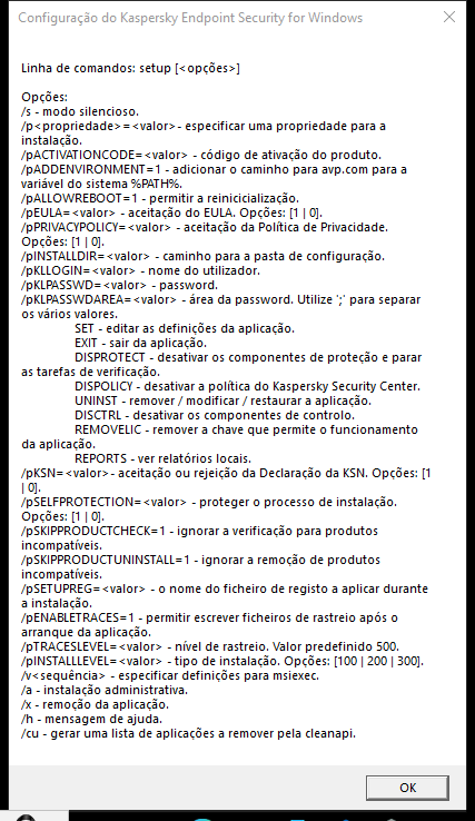 Janela a descrever as opções de comando para instalar a aplicação via CMD.