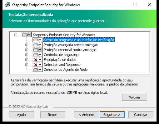 Janela de instalação com uma lista de componentes que um utilizador pode selecionar.