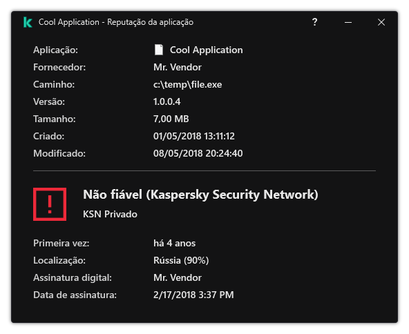 A janela contém informações sobre a reputação do ficheiro e outros dados, como a presença de uma assinatura digital.