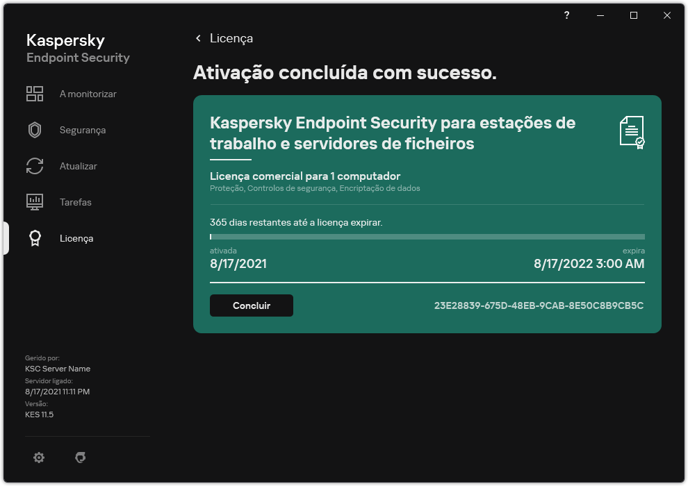 A janela contém informações sobre a licença: data de validade, funções disponíveis e outras informações.