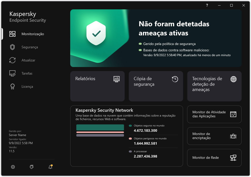 A janela principal da aplicação contém secções para a monitorização de segurança do computador e controlo de aplicações.