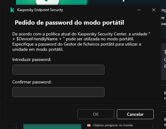 A janela contém campos para inserir e confirmar a password.