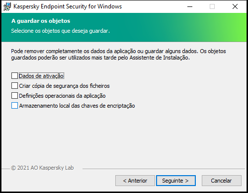 Janela de instalação com uma lista dos objetos que podem ser guardados após a remoção da aplicação.
