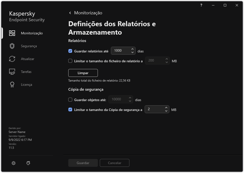 Janela de definições de Relatórios e Armazenamento. O utilizador pode definir o tamanho e limitar o tempo de armazenamento de relatórios e objetos no repositório.