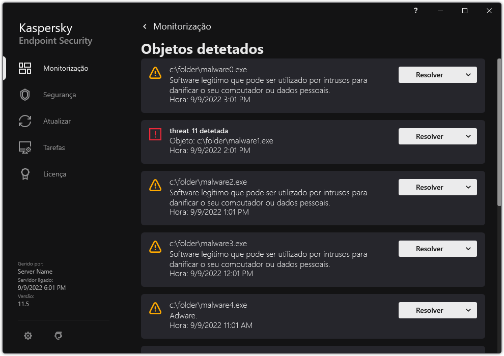 Uma janela com a lista de objetos detetados. As informações sobre o objeto são exibidas. O utilizador pode resolver ou remover o objeto.
