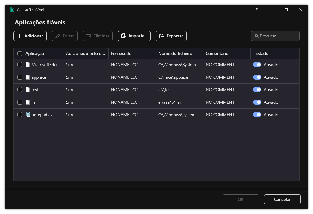 Uma janela com a lista de aplicações fiáveis. O utilizador pode adicionar, editar ou remover uma aplicação fiável.