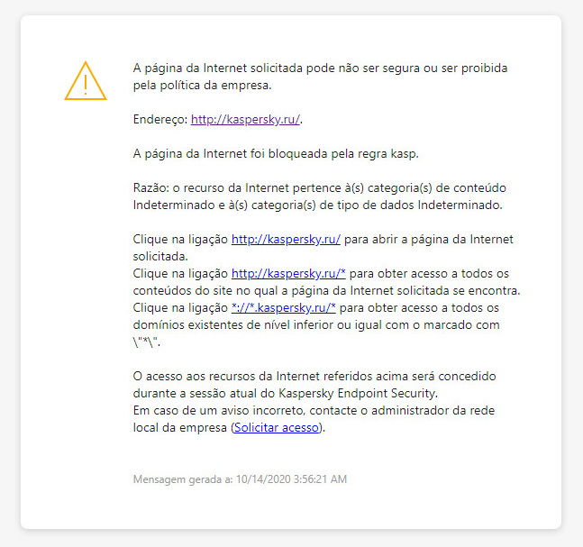 Notificação da Kaspersky sobre a visita a uma página de Internet possivelmente insegura na janela do navegador. O utilizador pode criar um pedido para aceder ao recurso da web.