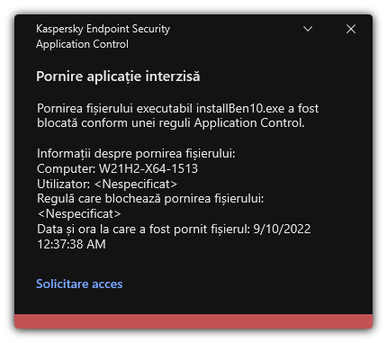 Notificare despre pornirea aplicației blocate. Utilizatorul poate crea o solicitare de lansare a aplicației.