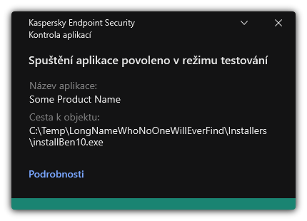 Upozornění, že je spuštění aplikace povoleno v testovacím režimu. Uživatel může zobrazit podrobné informace o pravidle.