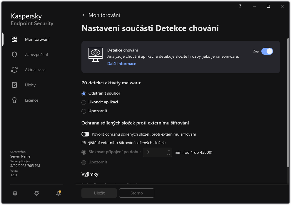 Okno nastavení součásti Detekce chování.