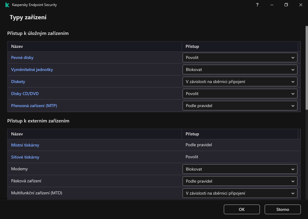Okno pro konfiguraci přístupu k zařízením. Uživatel může nakonfigurovat přístup k zařízením a nastavit další parametry přístupu, jako je plán přístupu.