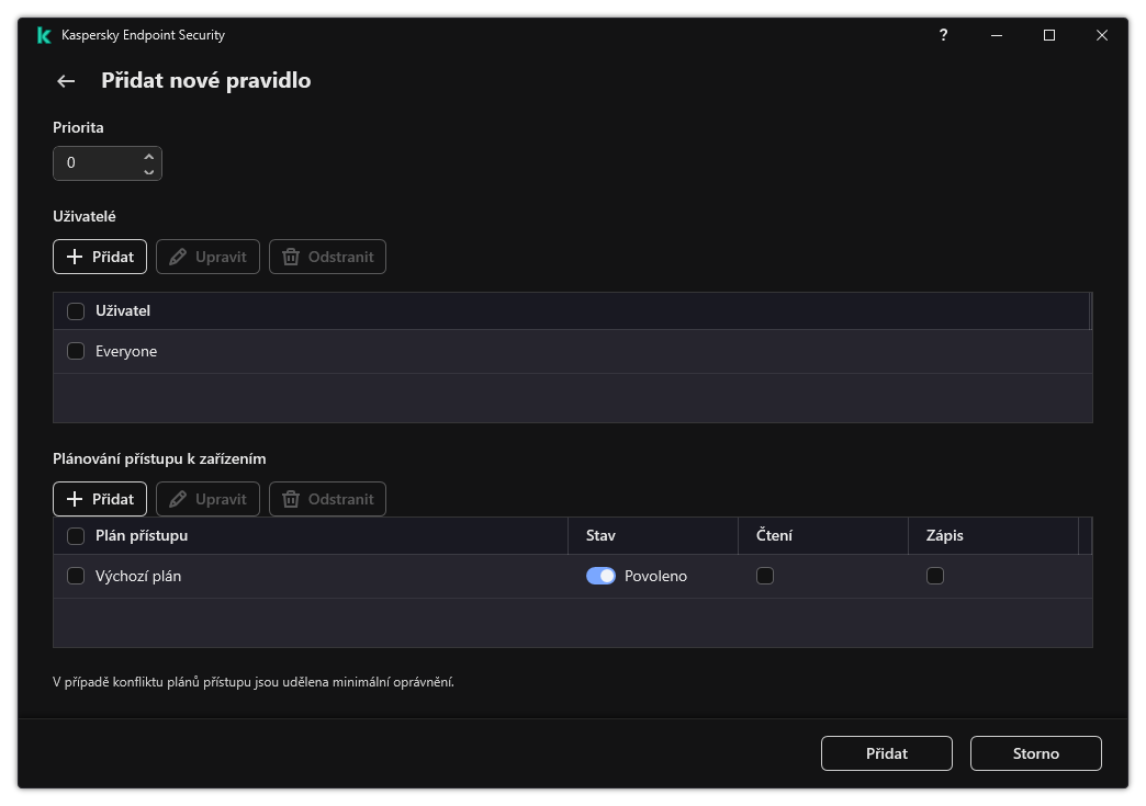 Okno konfigurace pravidla součásti Kontrola zařízení. Uživatel může přiřadit prioritu pravidla, přidat uživatele do pravidla a nastavit plán pravidel.