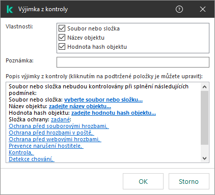 Okno s nástroji pro výběr výjimky. Uživatel může vybrat soubor nebo složku nebo zadat název či hash objektu.