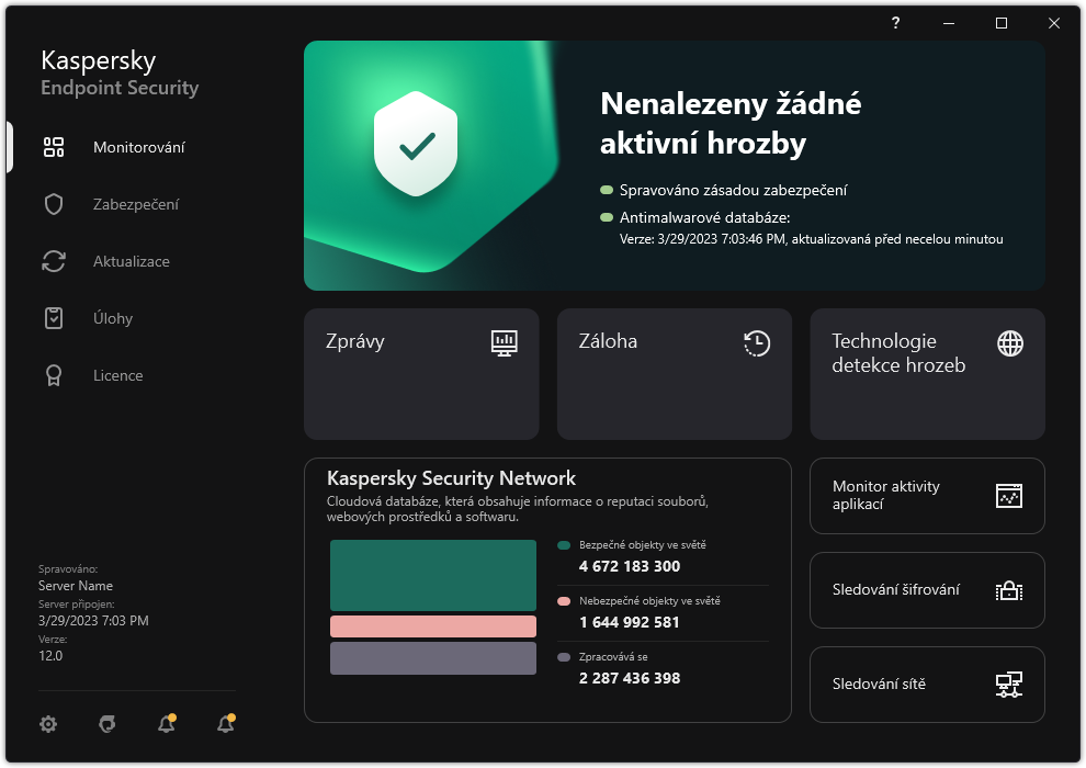 Hlavní okno aplikace obsahuje sekce pro monitorování zabezpečení počítače a kontrolu aplikací.